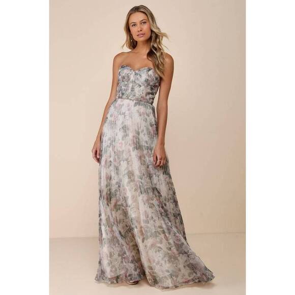 Lulus Dresses & Skirts - Lulus Most Beautiful Day Ivory Multi Floral Print Organza Maxi Dress Beige